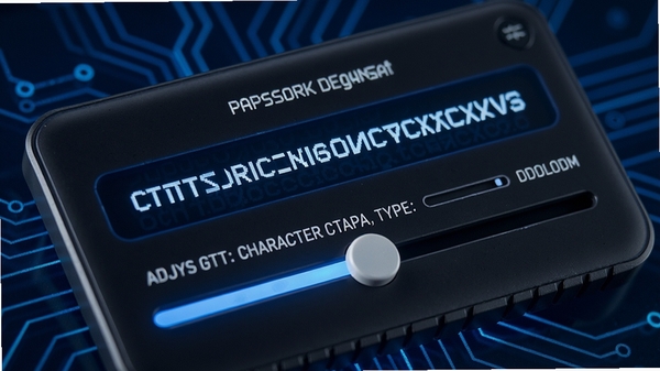 1Password密码生成器功能特写，画面上有一个随机生成的复杂密码字符串，同时有滑动条可以调整密码长度和包含的字符类型，背景为科技感十足的深蓝色，突出功能细节