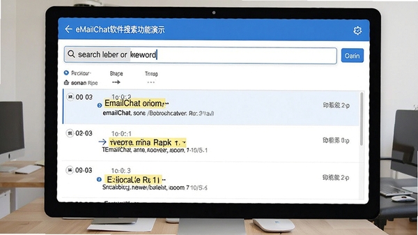 eMailChat软件搜索功能演示，搜索框内输入关键词后，下方以列表形式展示邮件和聊天记录中的匹配结果，结果按时间排序并高亮显示关键词，界面整洁有序