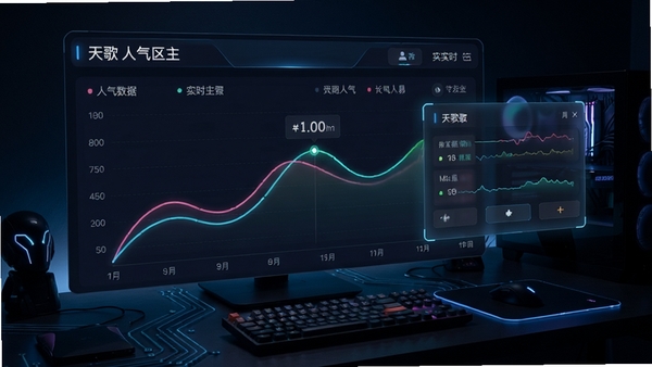 天歌人气区主界面预览图，展示实时人气数据曲线与悬浮窗效果，背景为深色科技感桌面，界面元素清晰明亮