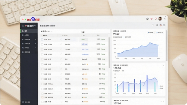 小鹿百度推广账户报告软件的数据整合功能界面，展示关键词列表与消费数据，图表化呈现趋势，背景为浅色桌面