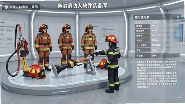Age消防人软件装备库界面展示,多款消防装备以三维模型排列在虚拟展台上,消防员角色正在点击查看其中一件破拆工具,界面右侧显示详细参数与使用说明,背景为浅灰色科技感展厅