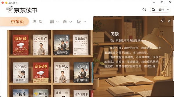 京东读书电脑版主界面截图，展示书架陈列与阅读背景，画面以暖色调为主，书籍封面整齐排列，背景为柔和的书房场景，整体风格干净明亮，突出软件的品牌标识与阅读氛围