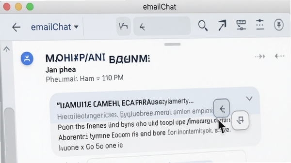eMailChat软件界面特写，显示一封邮件在聊天窗口中被引用的画面，光标停留在引用按钮上，界面清晰显示邮件主题、发件人及摘要信息，整体风格清爽专业