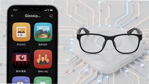 Glossia Eyewear应用中的场景切换功能,展示办公、户外、影院等模式图标,手机界面与智能眼镜联动,背景为科技感十足的浅灰色,场景图标色彩鲜明,细节精致,适配Boogu模型生成