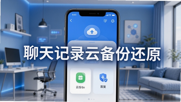 聊天记录云备份还原软件主界面预览图，展示手机屏幕中云端备份与恢复的两大核心功能模块，背景为现代简约风格的办公室或居家环境，整体色调以蓝色和白色为主，突显科技感与安全感，画面中央突出“聊天记录云备份还原”字样