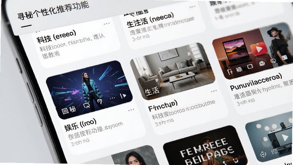 寻秘个性化推荐功能界面特写，画面展示信息流卡片，包含科技、生活、娱乐等不同分类的资讯摘要，配图精美，布局错落有致，背景采用柔和的浅灰色，突出内容本身