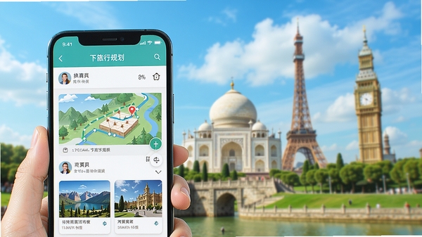 马上去旅行应用主界面，展示一个充满活力的旅行规划场景，前景是手机屏幕显示着详细的旅行路线和景点推荐，背景是模糊的著名地标建筑和蓝天白云，整体色调明亮清新，突出旅行带来的愉悦感。