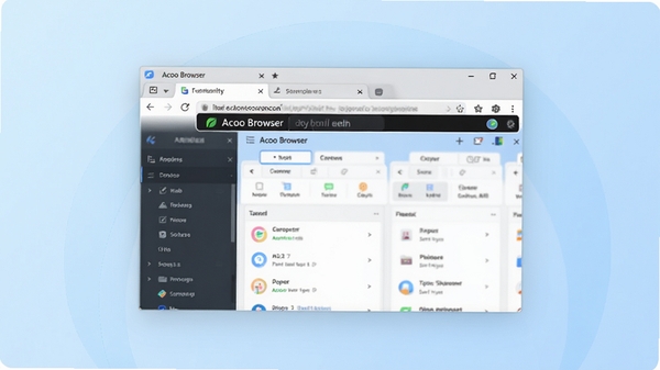 阿库浏览器(Acoo Browser)主界面预览图,展示多标签页并列排布、清爽的工具栏布局与深色地址栏,整体风格简洁明快,背景为淡蓝色渐变,图片中央显示浏览器窗口全貌,四周留白以便后期合成