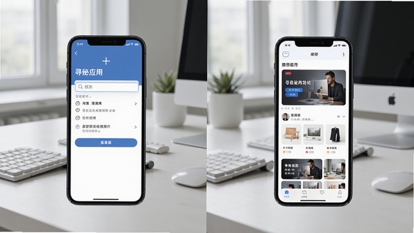 寻秘应用在手机上的实际运行效果图，展示搜索功能与推荐页面的切换过程，背景为现代简洁的办公桌面，手机屏幕内容清晰可见，光线自然柔和