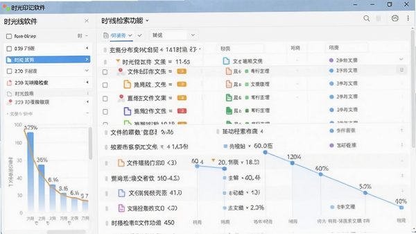 时光印记软件的时间线检索功能截图,左侧为时间筛选面板,右侧为对应文件列表,界面采用浅色主题,数据可视化图表展示文件分布,画面清晰专业