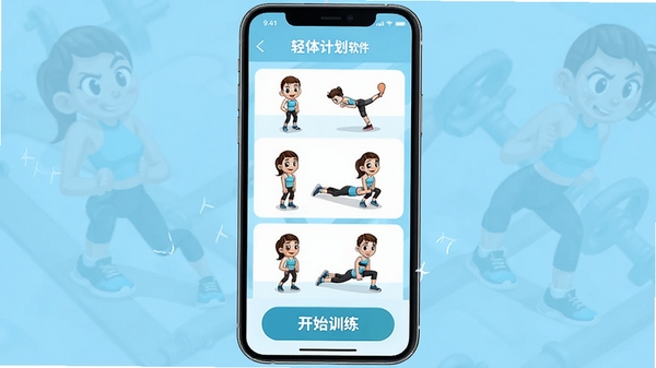 轻体计划软件运动计划展示图,手机界面显示一套居家HIIT训练动作列表,每个动作配有卡通小人示范图,背景为淡蓝色运动风格,屏幕下方有开始训练按钮,整体充满活力感