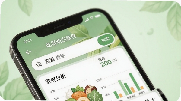 吃得明白软件主界面预览图，展示食物搜索框和营养分析图表，背景为浅绿色健康风格，画面主体是手机屏幕界面特写，突出清晰的数据展示