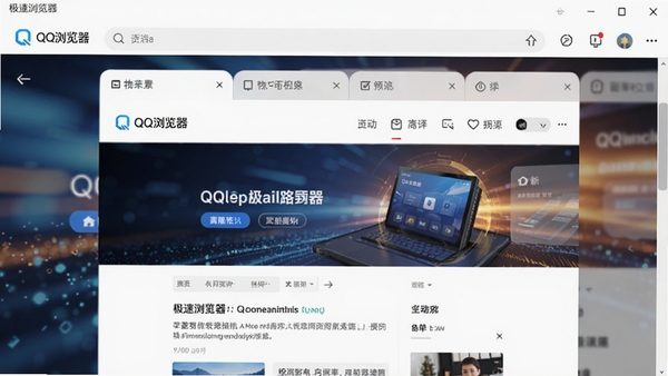 QQ浏览器主界面截图，展示简洁的导航栏、多标签页以及一个现代风格的网页内容区域，背景是模糊的科技感光效，整体画面明亮清晰，突出浏览器的极速与高效
