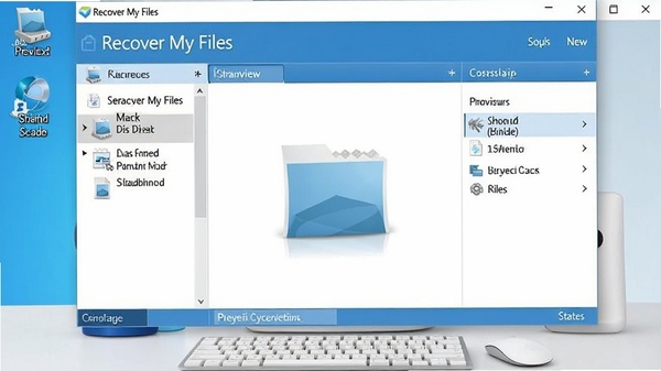 Recover My Files 数据恢复软件主界面预览图，界面布局清晰，左侧为磁盘与扫描选项列表，右侧为文件预览与恢复状态区域，整体风格简洁专业，色彩以蓝白为主，背景为干净的电脑桌面环境