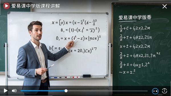 爱易课中学版课程讲解页面,画面中显示一位教师正在白板前讲解数学公式,右侧有清晰的步骤板书,视频窗口下方有播放进度条和倍速调节按钮,整体风格明亮清晰,突出教学氛围