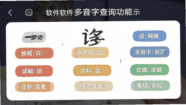 查拼音软件多音字查询功能展示，界面中展示一个多音字的不同读音及对应的词组示例，用不同颜色的标签区分，整体视觉效果直观易懂。