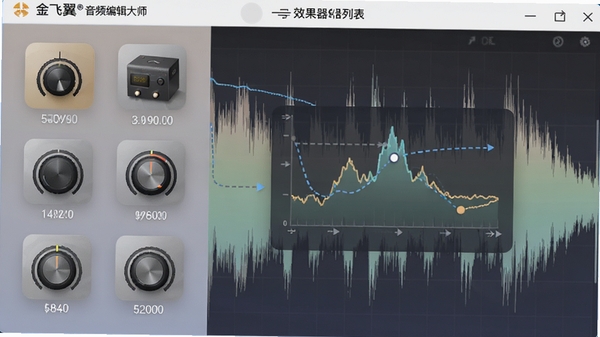 金飞翼音频编辑大师效果器列表界面,显示多种效果器图标和参数旋钮,波形背景上叠加效果链示意图,色彩柔和,界面友好