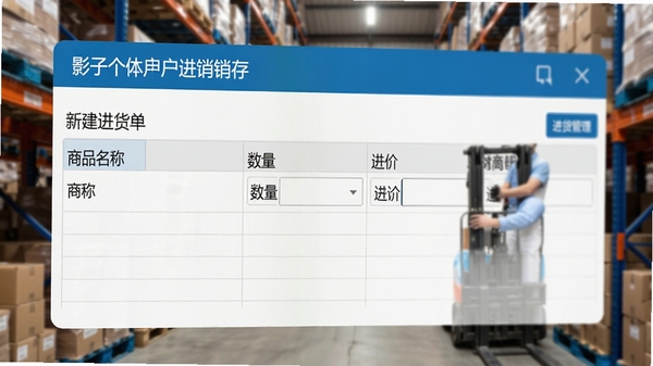 影子个体户进销存系统的进货管理界面特写,显示新建进货单表格,包含商品名称、数量、进价字段,背景为仓库货架,画面清晰写实