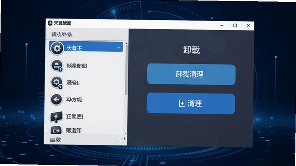 卸载天尊主界面预览图,画面中央展示软件主窗口,左侧为软件列表,右侧为卸载与清理按钮,背景为深蓝色科技感渐变,图标醒目,整体风格简洁专业