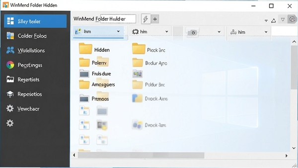 WinMend Folder Hidden 主界面预览图，一款简洁的Windows桌面软件界面，左侧功能导航，右侧显示隐藏文件夹列表，背景为清爽的蓝色调，整体风格现代专业