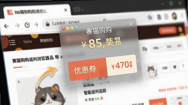 赛猫购购返利浏览器智能返利追踪功能特写，画面聚焦于浏览器内打开的一个商品详情页，页面上方浮动着显示返利金额和优惠券信息的半透明卡片，箭头指向该卡片，背景虚化处理，突出功能细节