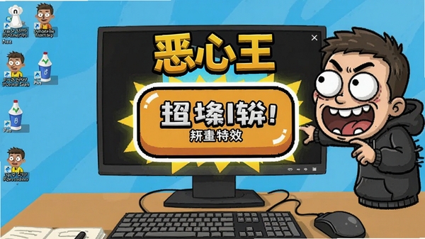 恶心王软件主界面展示，画面中央是整蛊特效按钮，背景为电脑桌面，整体风格搞笑卡通。