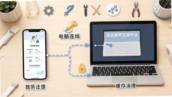 笺池斋有声互娱平台使用教程示意图,手机与电脑连线,标注权限设置与缓存清理步骤,背景为浅色工作台,工具图标元素,画面简洁明了,适合教程场景