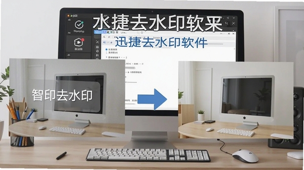 迅捷去水印软件智能去水印过程演示图，左侧为带水印的原始图片，右侧为处理后的干净图片，中间用箭头连接，背景为工作台界面，突出软件名称水印去除效果