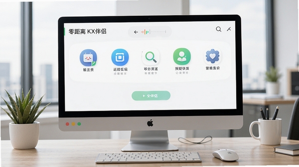 零距离KX伴侣主界面预览图,展示简洁的电脑远程连接控制面板,背景为现代办公桌面,图标清晰,色彩明亮,整体风格专业且友好,适配软件下载站首图展示