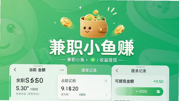 兼职小鱼赚收益提现界面，显示当前余额、可提现金额和提现记录列表，背景为清爽的绿色调，界面设计简洁大方，突出资金安全与到账迅速的特色，画面中央显示兼职小鱼赚字样，配以金币和钱包图标，细节精致，适合宣传展示。