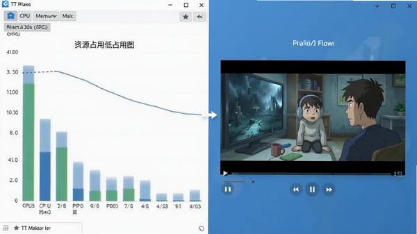 TT播放器资源占用低对比图,左侧为任务管理器显示CPU和内存占用率低的柱状图,右侧为播放流畅的动画场景,背景为简约的蓝色调界面,突出轻快运行特点