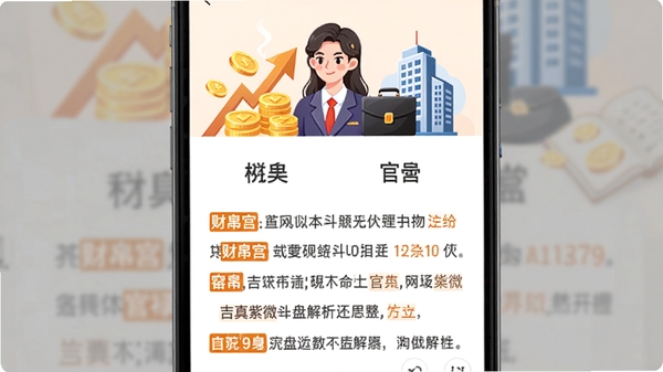 吉真紫微斗数命盘解析界面预览，屏幕显示某一个宫位的详细文字解读，文字上方配有人物运势插画，例如财帛宫搭配金币与上升箭头图案，官禄宫搭配公文包与办公大楼图标，背景柔和，文字段落清晰，配有橙色高亮关键词，整体风格现代易读，符合移动端阅读习惯