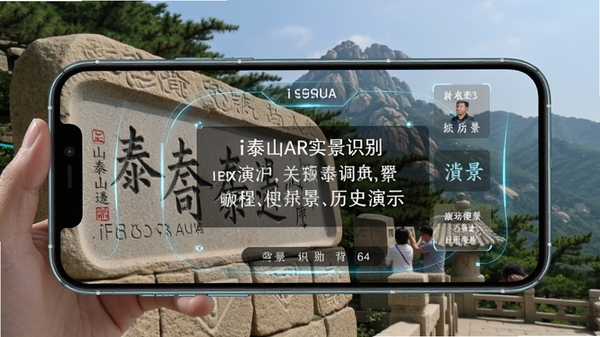 i泰山AR实景识别功能演示，手机屏幕对准泰山石刻，屏幕叠加显示文字介绍与历史背景，背景为泰山实景，科技感与古朴感融合