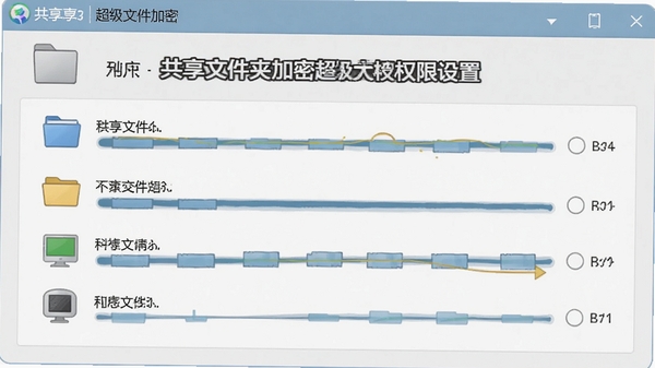 共享文件夹加密超级大师权限设置界面,展示不同用户权限选项,背景为浅灰色,图标清晰,软件名称醒目