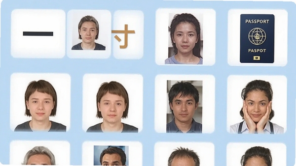 证件照头像软件内规格模板选择页面，显示网格状排列的各种证件照尺寸图标，包括一寸、二寸、护照等，背景浅蓝色，界面简洁，图标清晰，现代扁平化设计
