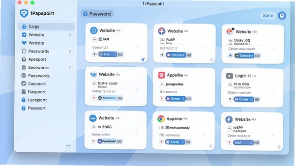 1Password主界面预览图，展示一个整洁的密码库管理界面，左侧是分类列表，右侧是各个网站的登录信息卡片，背景为浅色渐变，整体风格现代简洁，突出安全感和条理性