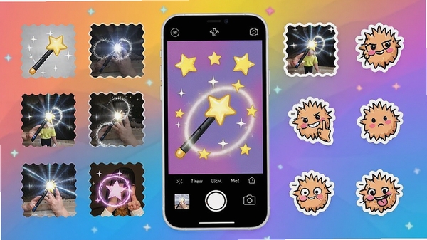魔法拍照相机主界面预览图，展示各种魔法特效滤镜和趣味贴纸，背景为多彩渐变，前景是手机屏幕模型，屏幕内显示魔法相机界面，包含魔法棒、星星、光晕等元素，画面明亮活泼，充满创意与科技感，整体风格卡通化，适配移动端竖屏显示。