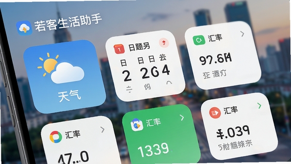若客生活助手功能聚合界面特写，画面展示软件内集成的天气、日历、汇率等多种小工具卡片，卡片设计圆润精致，信息清晰易读，背景为模糊化的城市景观，突出软件的实用性与生活化场景