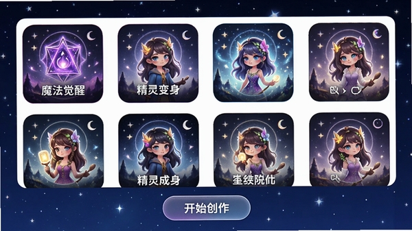 魔法拍照相机一键成片模板界面截图，屏幕展示多种魔法主题模板缩略图，包括魔法觉醒、精灵变身等，界面风格简洁，模板图标色彩鲜艳，下方有开始创作按钮，背景为深蓝色星空，突出模板的丰富性。