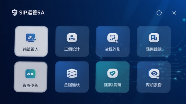 一款名为SIP运管的手机软件界面预览图，主界面展示清晰的功能模块图标，背景为深蓝色的科技感渐变底色，整体风格简洁现代，突出软件专业与高效的气质