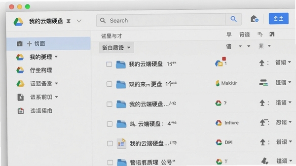 Google Drive 软件主界面截图,左侧导航栏显示“我的云端硬盘”,右侧文件列表清晰,带有搜索框和上传按钮,整体界面简洁明亮,背景为浅灰色,展示云存储管理场景,视觉风格现代,采用谷歌官方蓝绿红黄四色元素,画面干净整洁,突出软件核心功能,适配Boogu模型生成