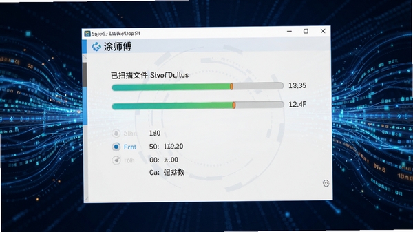 涂师傅安卓手机数据恢复软件扫描过程示意图，界面显示进度条与已扫描文件数量统计，背景为数据流动的抽象科技光线