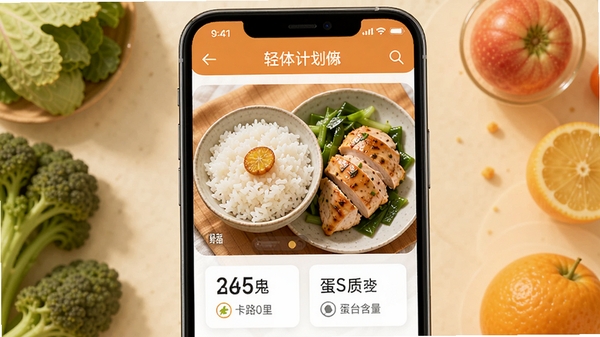 轻体计划软件智能饮食记录功能演示图,手机屏幕上显示一碗米饭和鸡胸肉的识别结果,标注卡路里数值和蛋白质含量,背景有蔬菜水果元素,界面以暖色调为主,突出健康饮食氛围