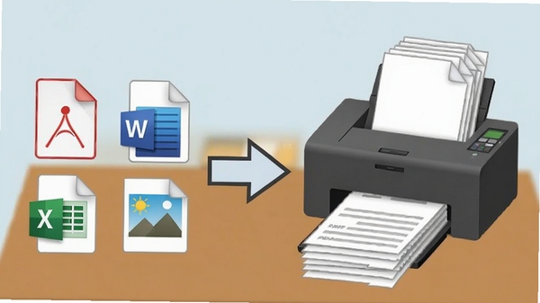 Print Conductor 批量打印功能示意图，桌面上摆放着多种格式的文件图标，如PDF、Word、Excel、图片等，它们被一个箭头指向一台打印机，打印机输出大量纸张，画面简洁明了