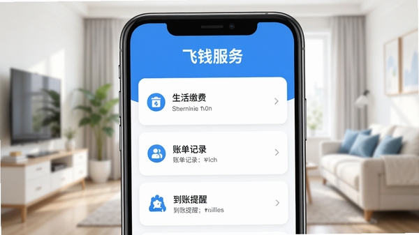 飞钱服务主界面预览图，展示手机屏幕中清晰的功能列表，包含生活缴费、账单记录、到账提醒等模块，背景为简洁明亮的家居环境，整体色调以蓝色和白色为主，突出软件名称飞钱服务字样