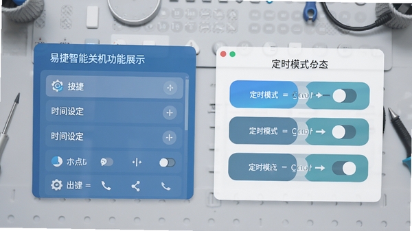 易捷智能关机功能展示图，画面左侧为时间设定列表，右侧展示不同定时模式的切换按钮，背景为浅灰色工作台，光线柔和，突出软件的易用性和多功能性，扁平化设计风格