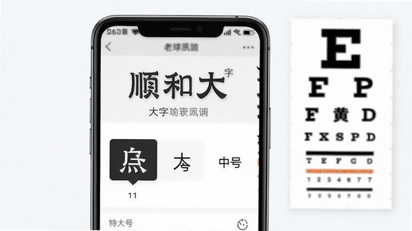 顺和大字老黄历字体大小调节功能展示,手机屏幕显示设置界面,有特大号、大号、中号字体选项,背景干净,旁边有视力表图案作为装饰,画面清晰明亮。