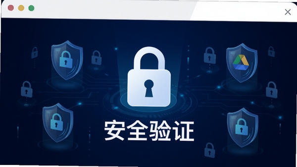 Google Drive 安全防护界面,显示锁形图标和“安全验证”字样,背景为深蓝色科技感,周围有盾牌和加密符号,整体氛围专业可靠,突出数据安全性,画面简洁有力,适合展示软件的安全优势