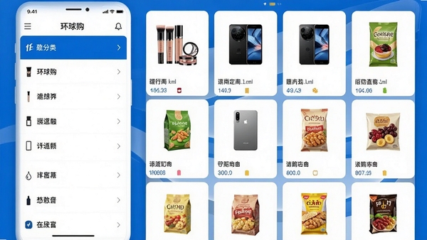 环球购商品分类展示图,画面呈现手机APP内的商品分类界面,左侧为纵向分类列表,右侧为网格状商品展示,商品图片包含化妆品、电子产品、食品等,风格明亮清晰,突出购物品类的丰富多样性,主色调为品牌蓝白色。