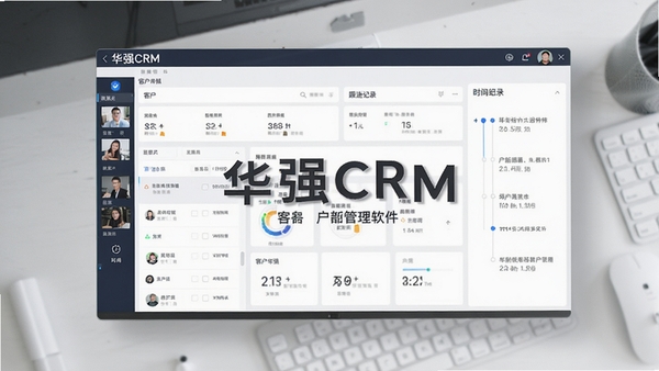 华强CRM客户管理软件的主界面预览图,展示客户列表、跟进记录和时间线功能,整体风格简约商务,背景为浅灰色工作台,画面中心突出软件名称与数据看板